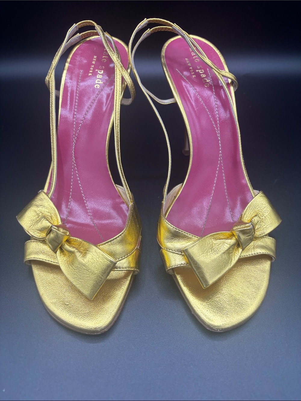 Kate Spade Metallic Gold Bow Slingback Heels with Maroon colored Insole, Size 8